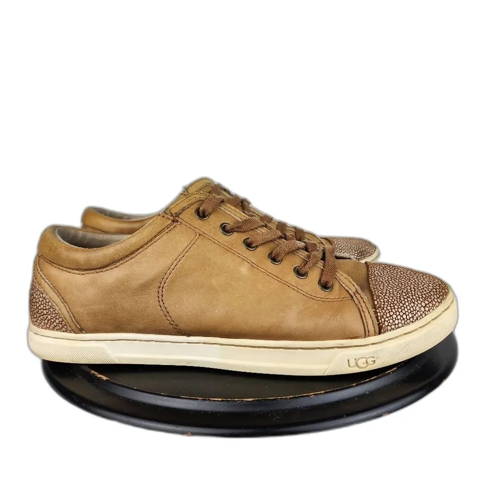 UGG Australia Taya Tan Leather Sneakers Silver Metallic Detail Women's 9.5 - Picture 1 of 10